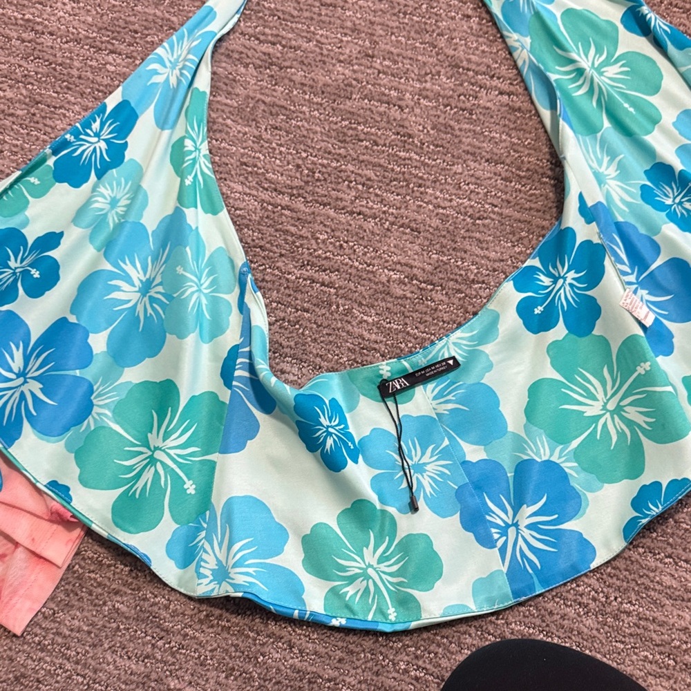 Zara Blue & Aqua Floral Halter Bikini Top
